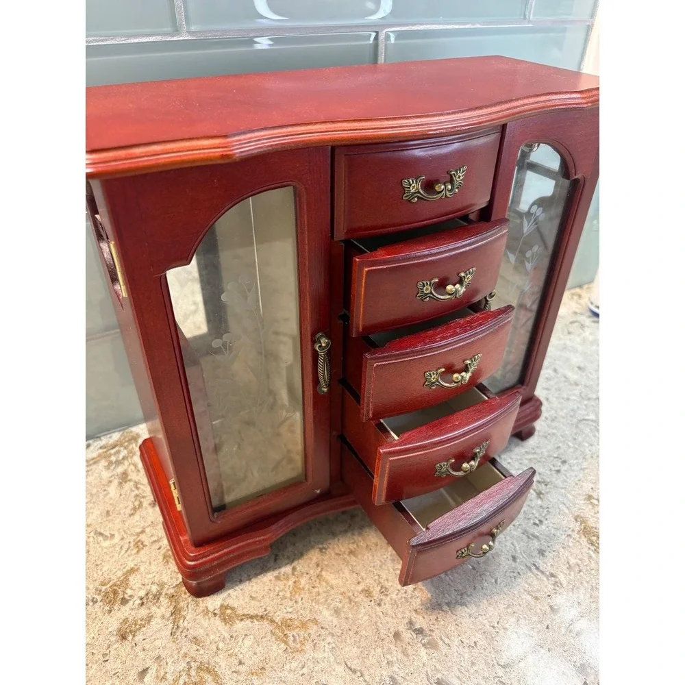 Vintage Wooden Jewelry Armoire Cherry Finish Etched Glass 5 Drawers Mirror Box